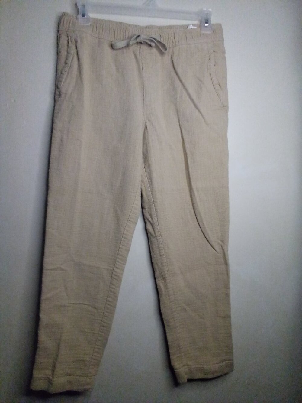 Zara Pants Women M 100% Cotton Textured Elastic Drawstring Tan